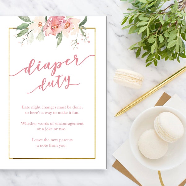 Late Night Diaper Duty Unisex Baby Shower Decor Game Idea Sign, Write a Message, Floral Watercolor Printable Girl or Boy Gender Neutral