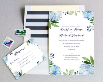 Printable Blue and White Wedding Invitation - Watercolor Hydrangea Summer Invitation Suite, Rustic Engagement Party, ReceptionGarden Wedding
