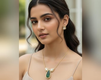 Set smaragdgroene druppelketting | Vergulde Kundan-sieraden