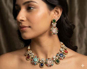 Multicolor Kundan Necklace Set, Indian Statement Bridal Choker, Ethnic Wedding Jewelry