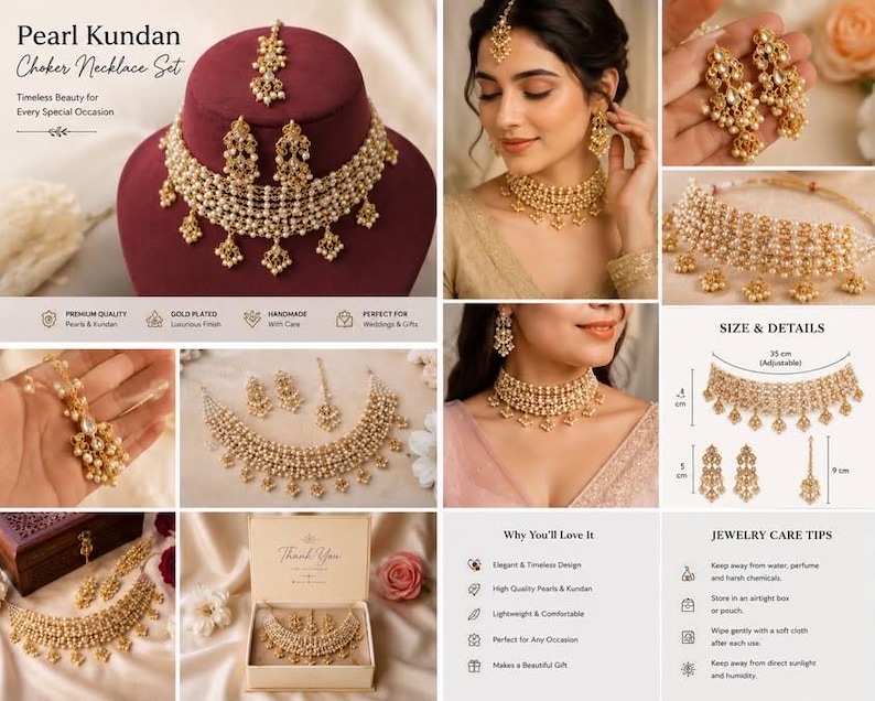Handmade Pearl Kundan Choker Necklace Set | Gold-Plated Indian Bridal Jewelry image 7