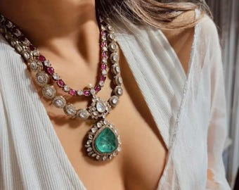 Emerald Kundan Necklace Set | Polki & Ruby Indian Bridal Jewelry