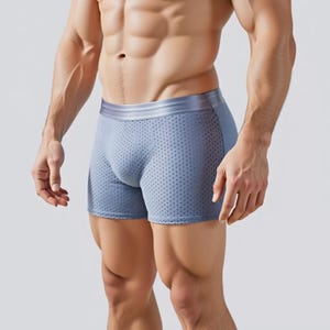 Può includere: Boxer shorts azzurri con un design traforato. La biancheria intima ha un elastico in vita argentato e una vestibilità comoda. Progettati per l'uso quotidiano, sono realizzati in materiale traspirante.