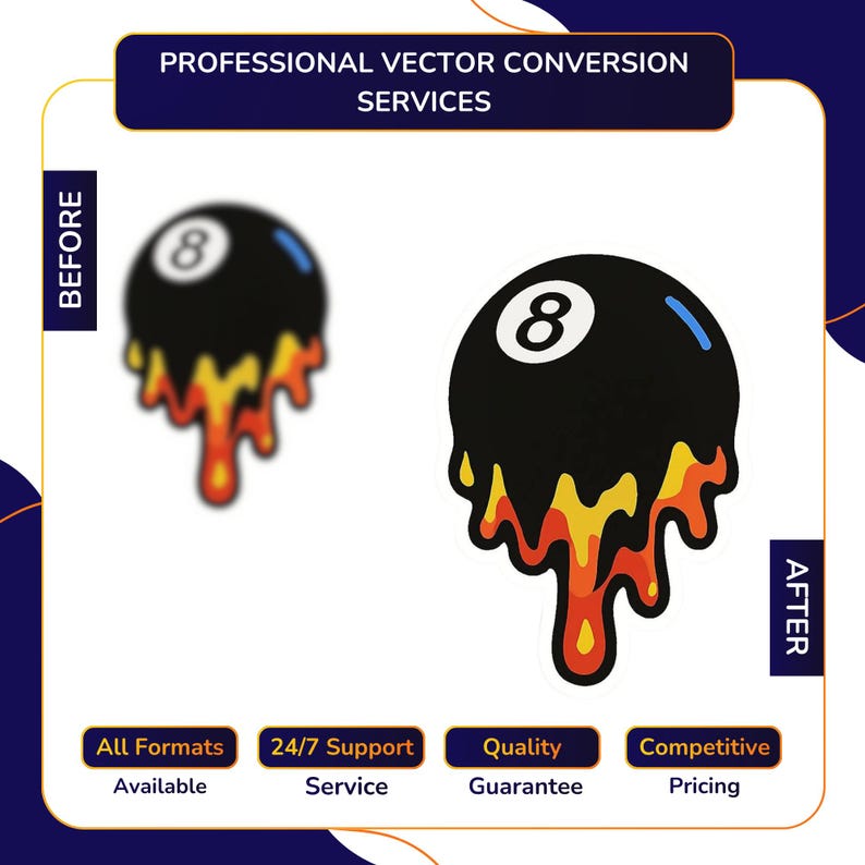 Vector Conversion service before and after showing blurry melting eight ball design with dripping flames converted into sharp detailed vector illustration, with All Formats Available, 24/7 Support, Quality Guarantee, Competitive Pricing.