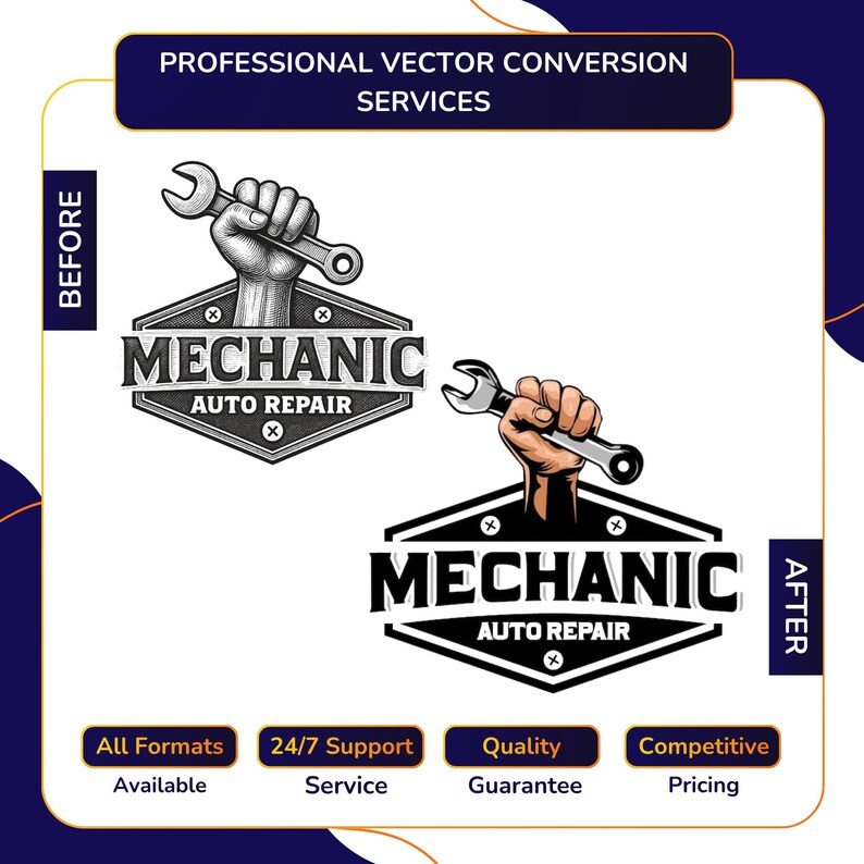 Vector Conversion service before and after showing black and white sketch Mechanic Auto Repair badge logo converted into full color sharp vector illustration, with All Formats Available, 24/7 Support, Quality Guarantee, Competitive Pricing.