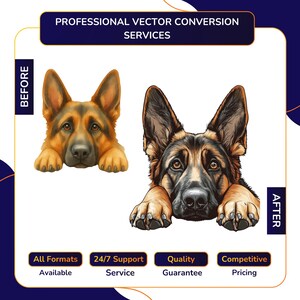 Vector Conversion service before and after showing German Shepherd puppy resting head on paws converted into sharp detailed vector illustration with enhanced fur texture, with All Formats Available, 24/7 Support, Quality Guarantee, Competitive Pricing.
