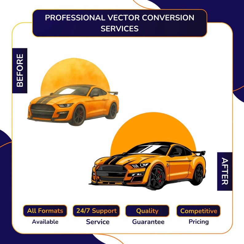 Vector Conversion service before and after showing orange sports muscle car illustration converted into sharp bold vector graphic with crisp details, with All Formats Available, 24/7 Support, Quality Guarantee, Competitive Pricing.