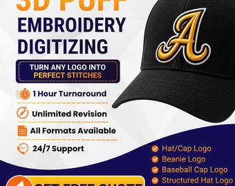3D Puff Digitizing | 3D Puff Embroidery | 3D Puff for Hat | Cap Embroidery | Puff Embroidery File | Fast Turnaround
