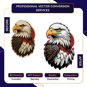 Vector Conversion service before and after showing faded bald eagle illustration converted into bold sharp vector graphic with crisp outlines, with All Formats Available, 24/7 Support, Quality Guarantee, Competitive Pricing.