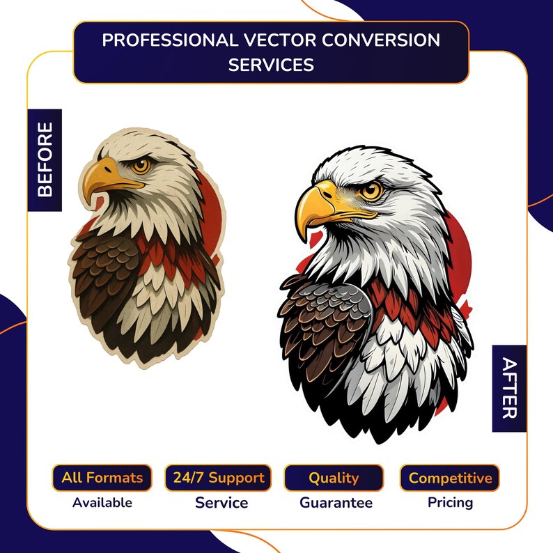 Vector Conversion service before and after showing faded bald eagle illustration converted into bold sharp vector graphic with crisp outlines, with All Formats Available, 24/7 Support, Quality Guarantee, Competitive Pricing.