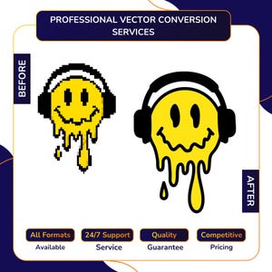 Vector Conversion service before and after showing pixelated melting smiley face with headphones converted into clean sharp vector illustration, with All Formats Available, 24/7 Support, Quality Guarantee, Competitive Pricing.
