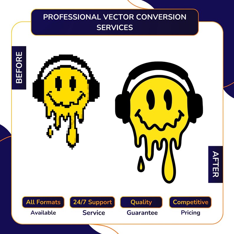 Vector Conversion service before and after showing pixelated melting smiley face with headphones converted into clean sharp vector illustration, with All Formats Available, 24/7 Support, Quality Guarantee, Competitive Pricing.