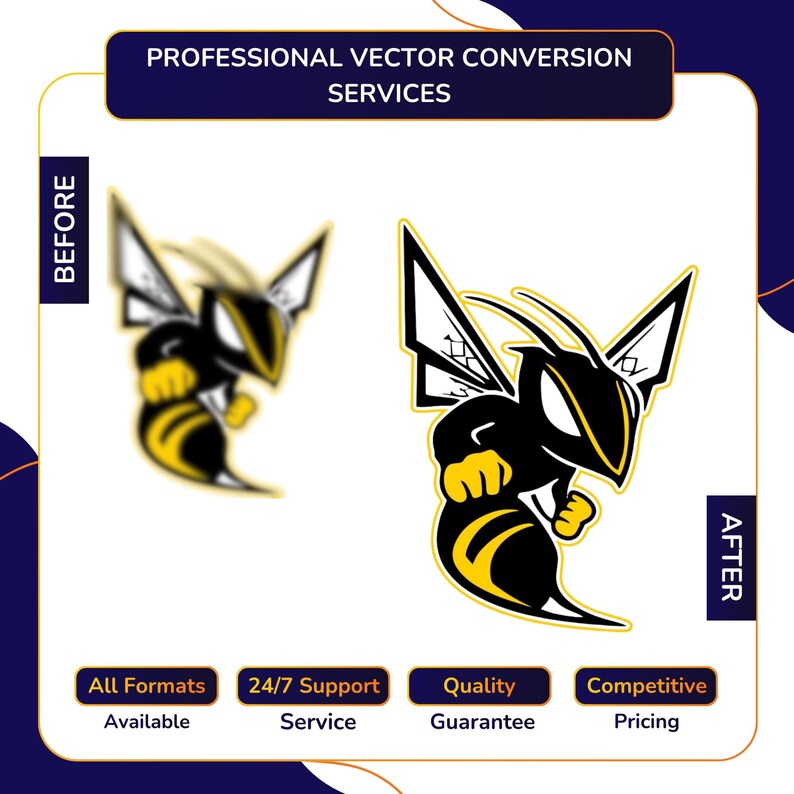 Vector Conversion service before and after showing blurry hornet wasp mascot logo with clenched fists converted into sharp detailed vector illustration, with All Formats Available, 24/7 Support, Quality Guarantee, Competitive Pricing.