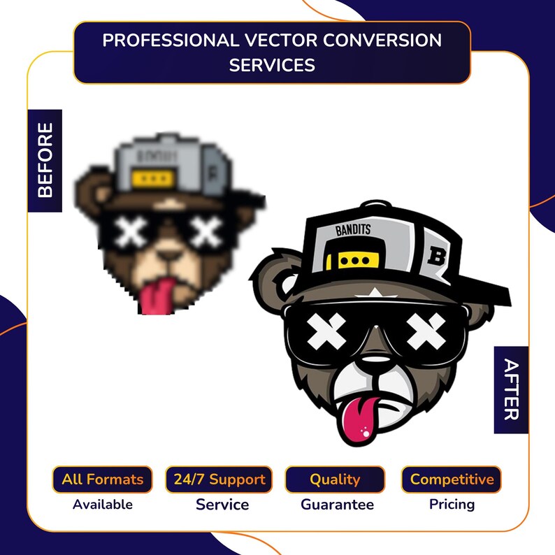 Vector Conversion service before and after showing pixelated bear mascot with cap and sunglasses converted into sharp detailed vector illustration, with All Formats Available, 24/7 Support, Quality Guarantee, Competitive Pricing.