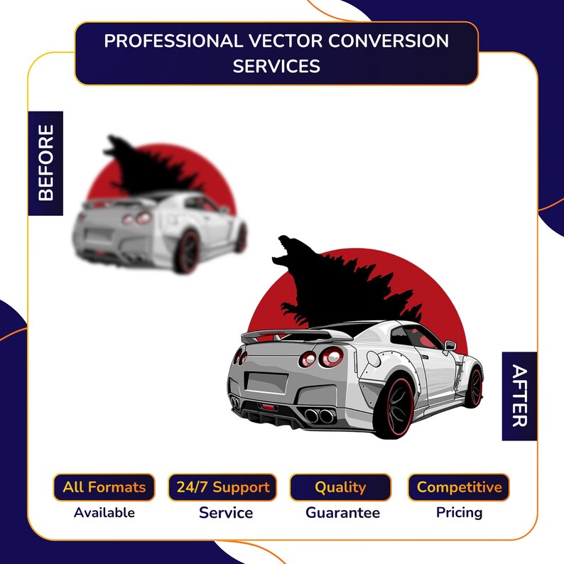 Vector Conversion service before and after showing blurry low quality sports car silhouette image converted into sharp detailed vector illustration with monster silhouette, With All Formats Available, 24/7 Support, Quality Guarantee, Competitive Pricing.