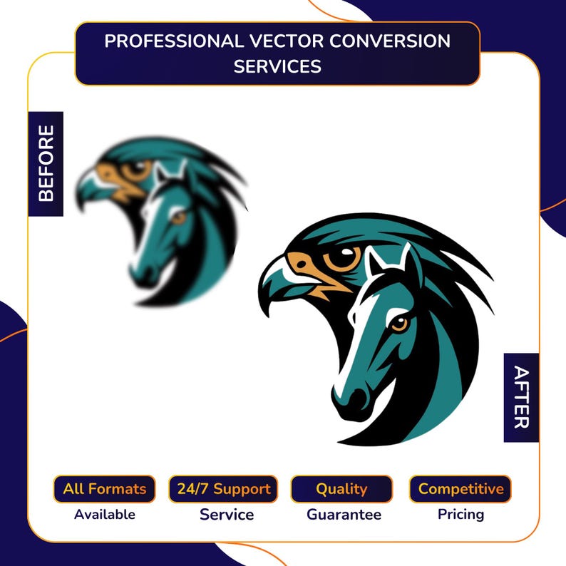 Vector Conversion service before and after showing blurry teal eagle and horse combination mascot logo converted into sharp detailed vector illustration, with All Formats Available, 24/7 Support, Quality Guarantee, Competitive Pricing.