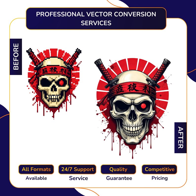 Vector Conversion service before and after showing pixelated samurai skull design with crossed swords and blood drips converted into sharp detailed vector illustration,with All Formats Available, 24/7 Support, Quality Guarantee, Competitive Pricing.