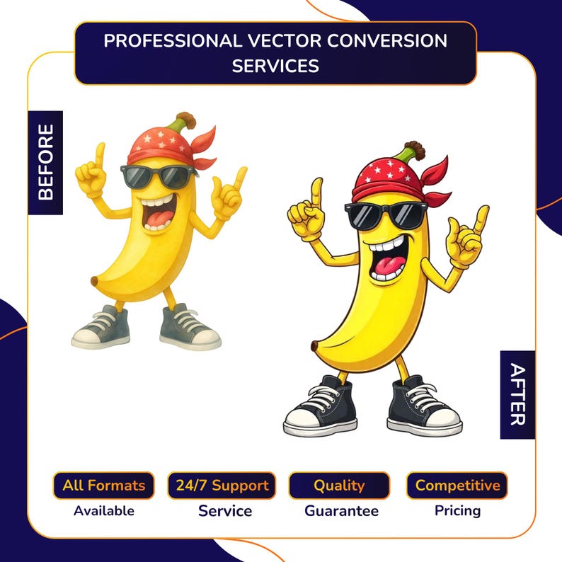 Vector Conversion service before and after showing cool cartoon dancing banana character with sunglasses and bandana converted into clean sharp vector illustration, with All Formats Available, 24/7 Support, Quality Guarantee, Competitive Pricing.