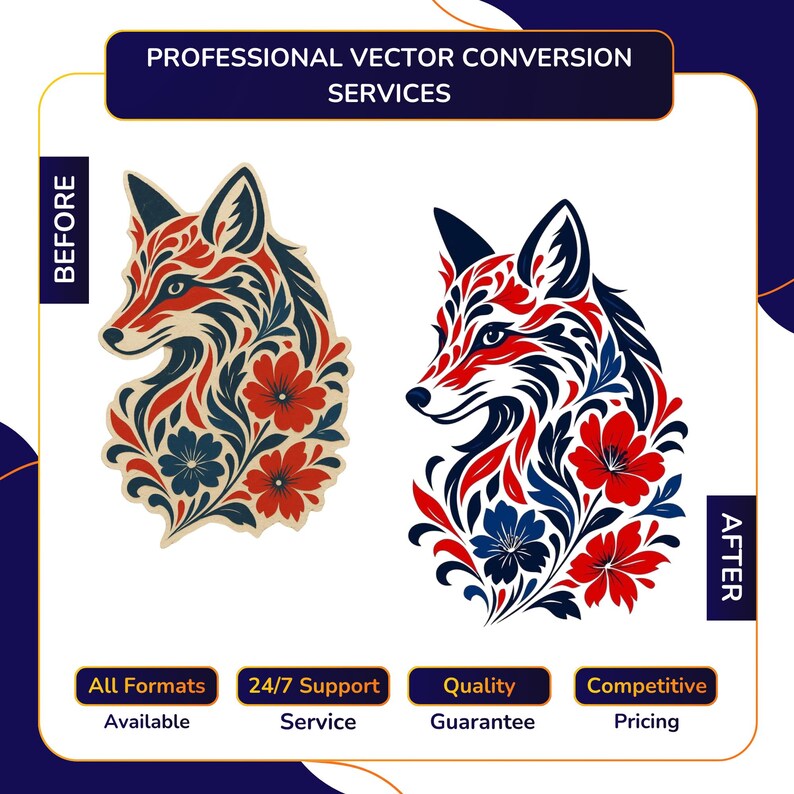 Professional Vector Conversion before and after comparison showing floral fox head illustration in red and navy blue With All Formats Available, 24/7 Support, Quality Guarantee, Competitive Pricing.