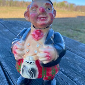 Rare antique mechanical bank, Scotsman, nodder, die cast, 1920s, metal coin bank, collectible bank, kilt wearing man bank