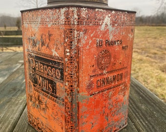 Antique Cinnamon tin, ten pound tin, Patapsco mills, kitchen decor, unique storage, orange tin, rare antique tin