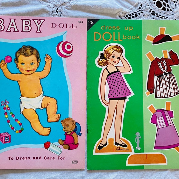 Vintage paper dolls, Lowe, Paper doll books, unused, 1960s paper dolls, Baby paper doll, Sherry paper doll, USA paper dolls