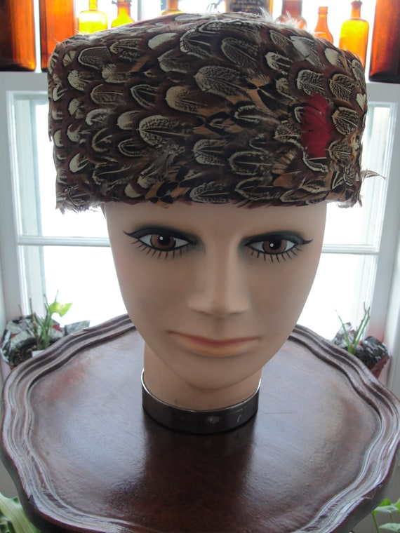 Vintage pill box pheasant feather hat 1960s GFox P