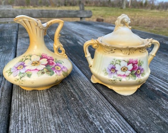 Antique Austrian pottery covered sugar bowl and cruet pitcher, antique pottery, floral sugar bowl set, cottage style, rare and unique