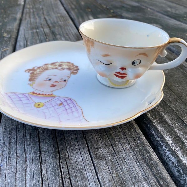 Rare, winky face cup, snack dish set, vintage children’s dish, unique face cup, vintage China snack dish