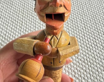 Anri mechanical bottle stopper, man drinking wine, unique vintage bottle stopper, hand carved bottle stopper