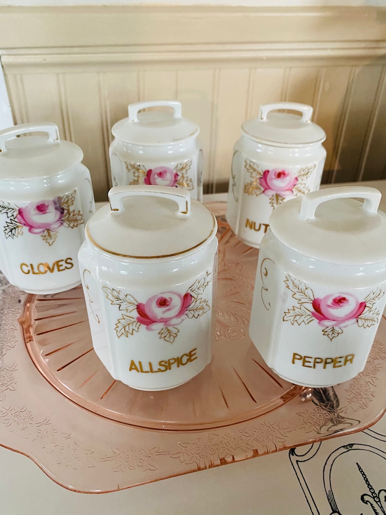 Vintage Porcelain Spice Jars Set of Five Gold Trim Pink Etsy