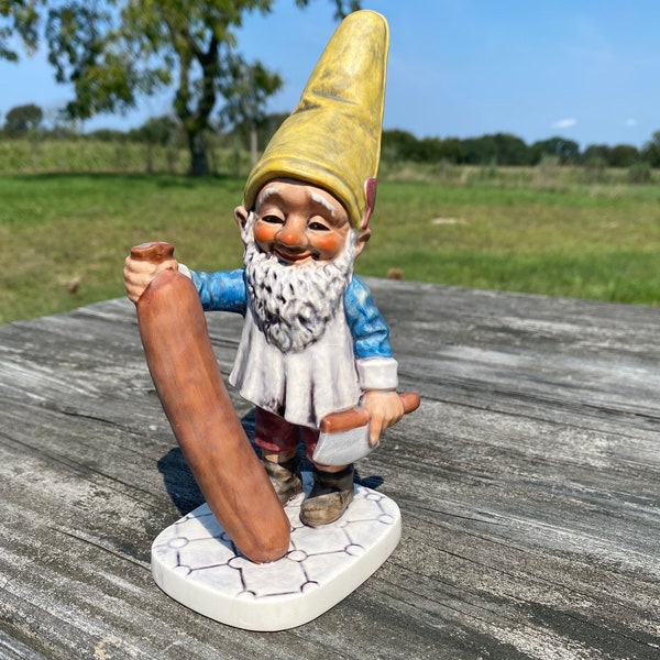 Vintage Goebel CoBoy Gnome, Bit the sausage maker, 1970, collectible figurine, German elf, cleaver holding gnome