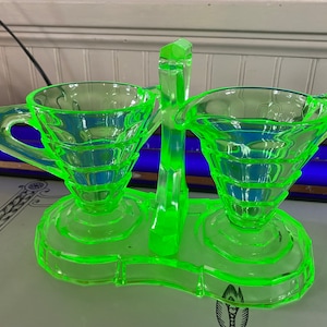 Rare Uranium green glass, sugar and creamer with caddy, tea room pattern, Indiana glass, 1927-1931, green depression glass