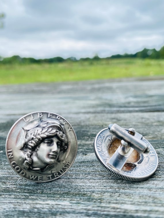 Antique cufflinks, Repousse face, Barber dime, Si… - image 2