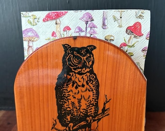 Vintage wooden napkin holder, owl decal, Connecticut Electric Railway, advertising, souvenir, campcore