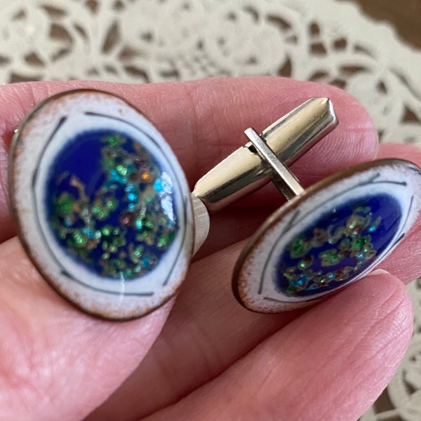 Vintage enamel cufflinks, unique blue cufflinks, 1960s cufflinks, Pat number collectible cufflinks