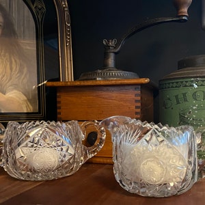 Antique cut glass creamer and sugar set,American Brilliant, cut crystal, Hobstar pattern, 1900-1920