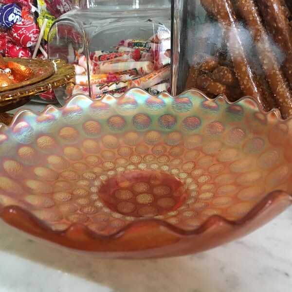 Vintage carnival glass  iridescent orange circle pattern candy dish