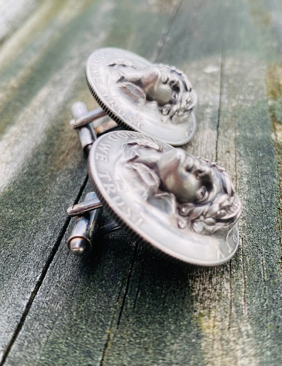 Antique cufflinks, Repousse face, Barber dime, Si… - image 6