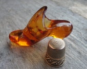 Antique Pair Amber glass shoe thimble holder late 1800s sewing notion w/thimble