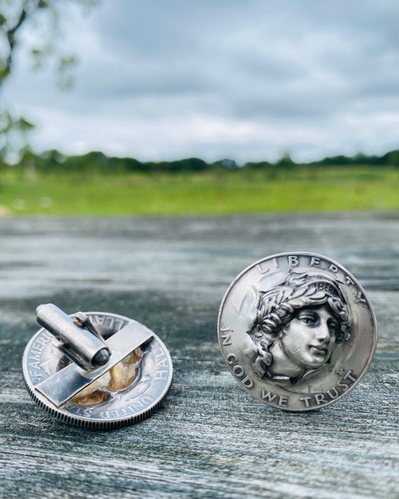 Antique cufflinks, Repousse face, Barber dime, Si… - image 1