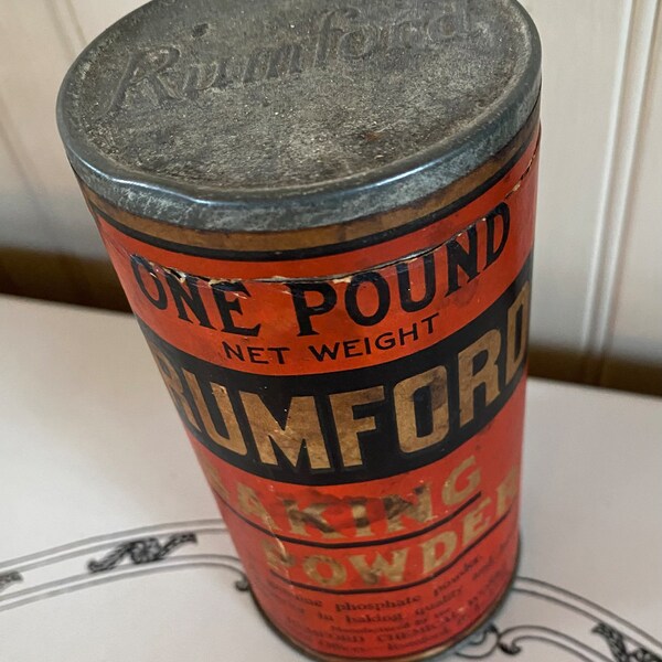 Vintage Rumford Baking powder tin, 1930s kitchen tin, Rumford RI, baking powder tin, orange blue tin