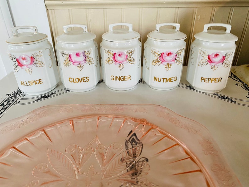 Vintage Porcelain Spice Jars Set of Five Gold Trim Pink Etsy