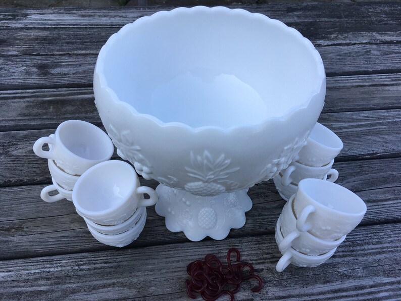 Vintage milk glass punch bowl set Westmoreland Fruits pattern Etsy