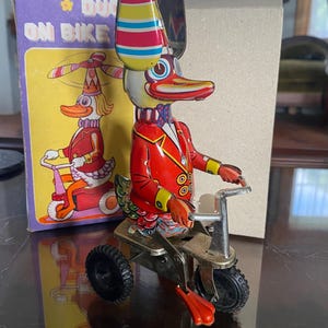 Vintage Tin Duck On Bike Wind-Up Toy - 1989 Blic - With Original Box