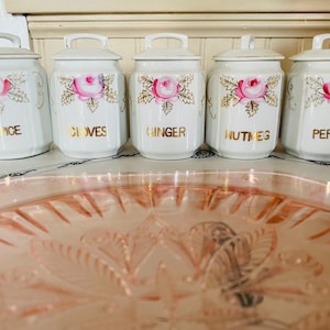 Vintage Porcelain Spice Jars: Set of 5, Pink Rose Gold Trim