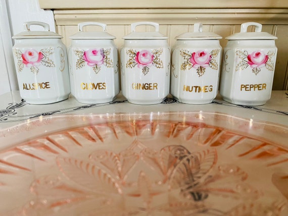 Vintage Porcelain Spice Jars, Set of Five, Gold Trim, Pink Rose