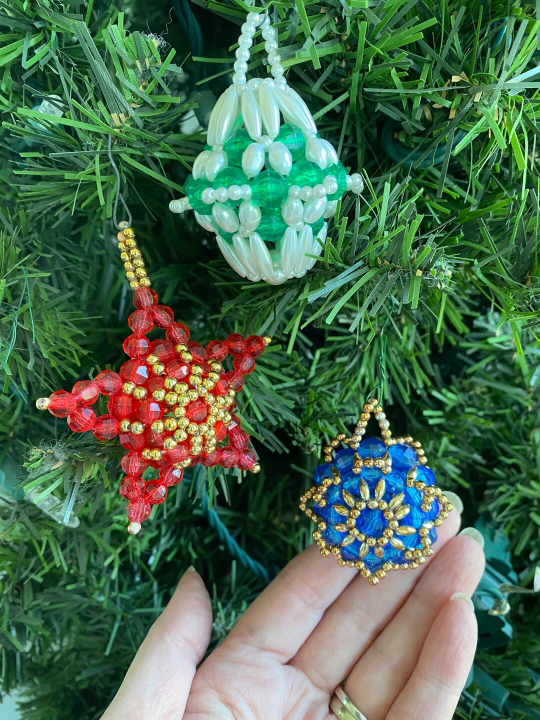 Vintage Beaded Ornaments, 1960s Christmas Ornaments, Plastic Bead