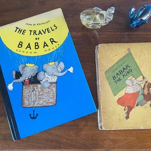 vintage Babar books, 1935 & 1962, hardcover, illustrated, collectible books, Babar the King, first edition, The Travels of Babar, renewed ed