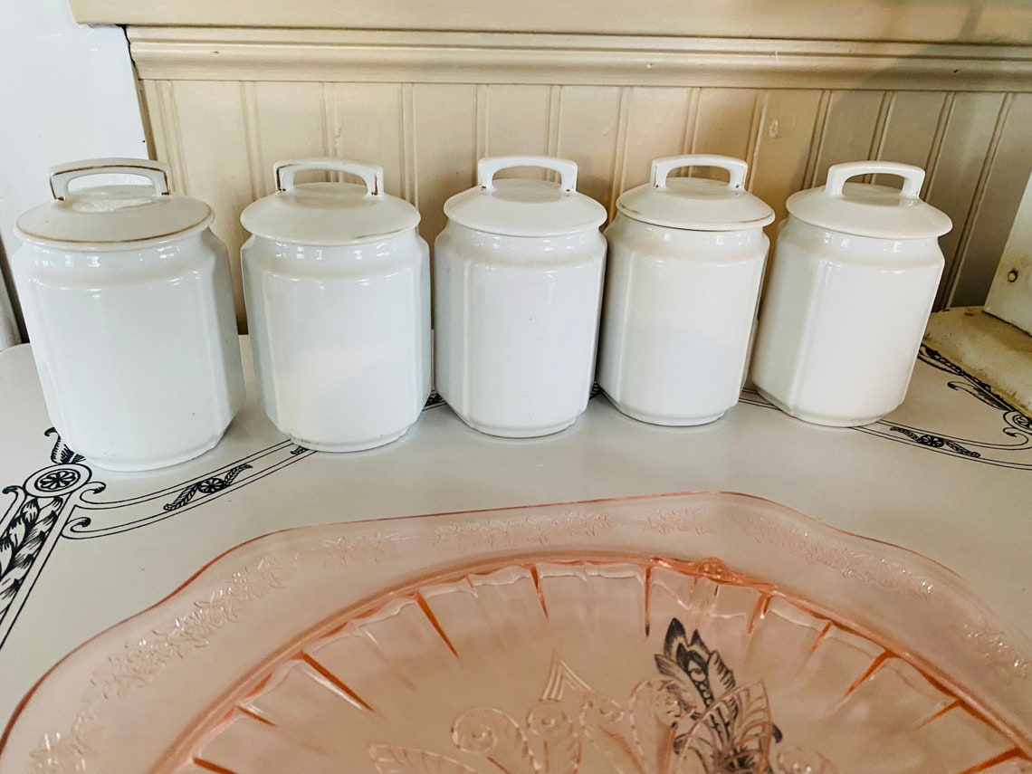 Vintage Porcelain Spice Jars Set of Five Gold Trim Pink Etsy